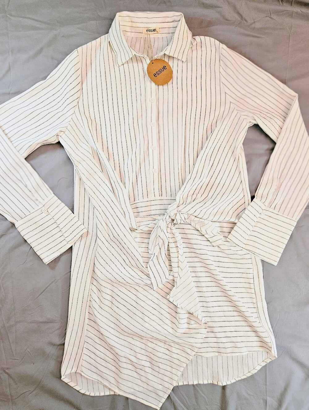 Essue Juniors White & Black Pinstripe Long Sleeve Button Shirt Dress Size Large